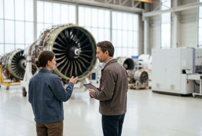 Deux ingénieurs échangent devant un moteur d'avion dans un hall d'assemblage