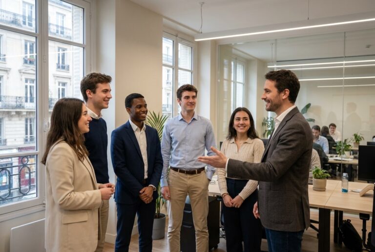 Un tuteur accueille un groupe d'alternants dans les bureaux d'une institution financière