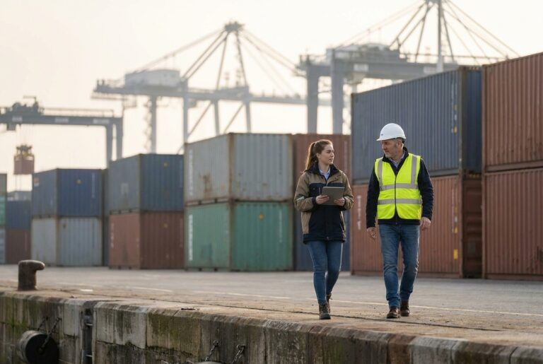 Une alternante et un responsable logistique marchent sur un quai de port à conteneurs
